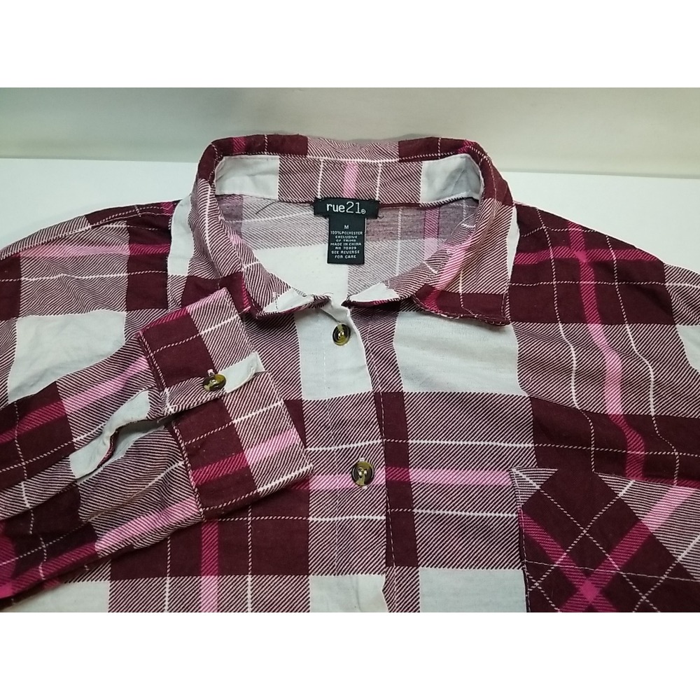 Rue21 Plaid Flannel Shirt Womens Medium Burgundy Pink White Button Up LS